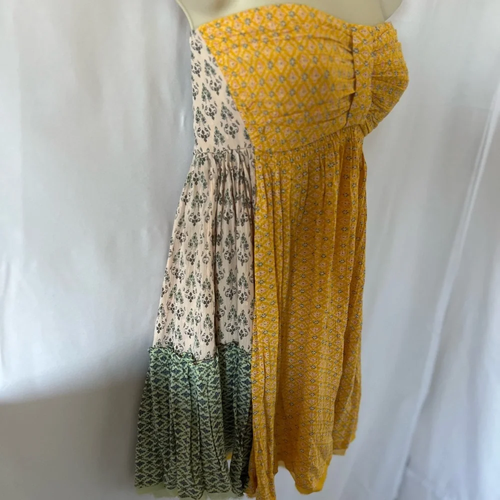NWT Free People Strapless Ruched Cocktail Dress in Yellow and Green - Picture 3 of 12